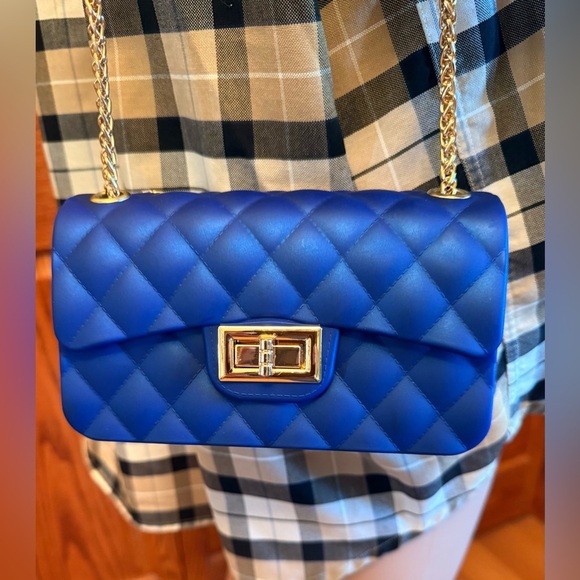 Quilted Crossbody Bag Women's S Vibrant Blue Chain Strap Jelly Purse Gold Clasp - Picture 1 of 13